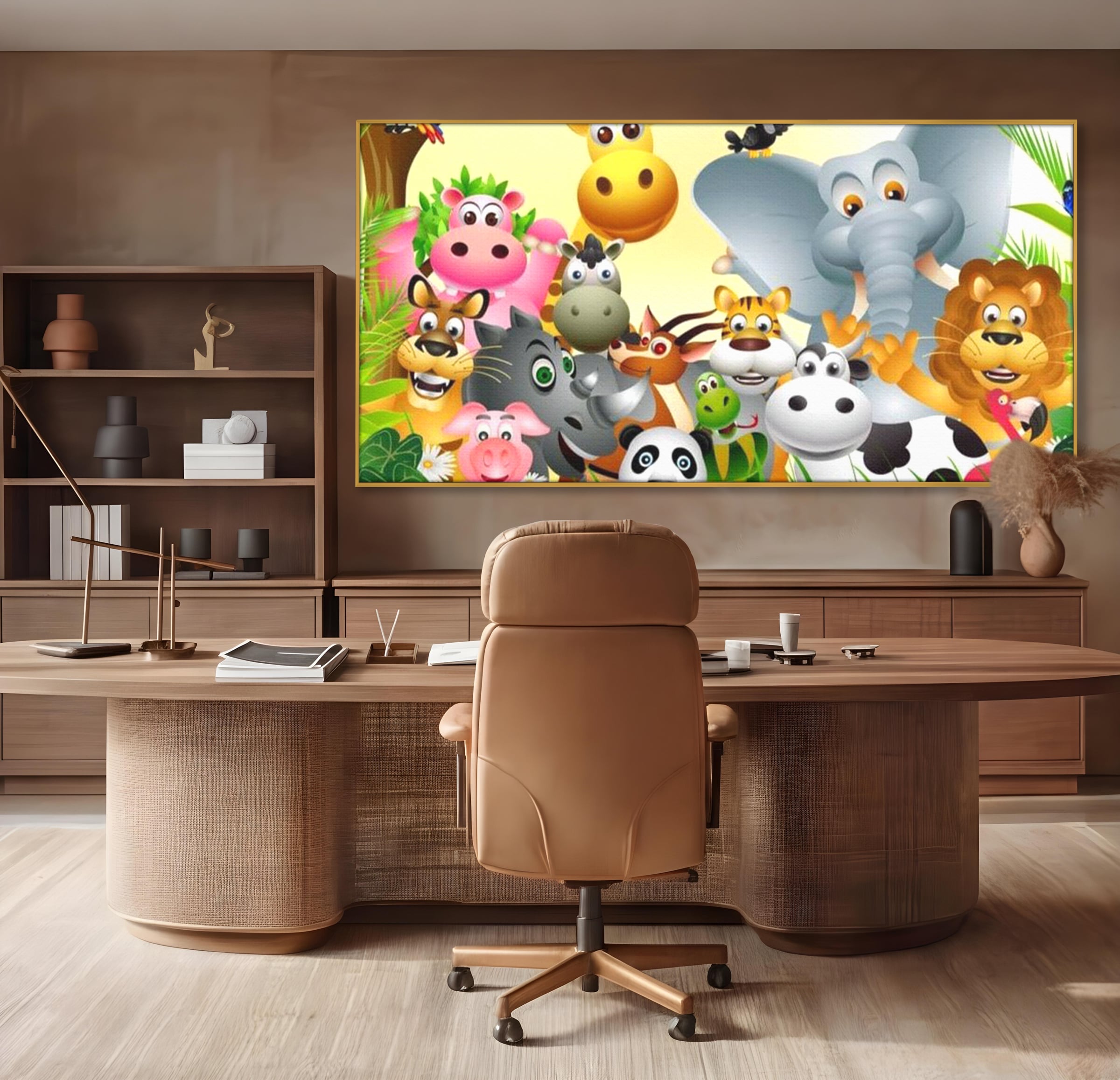 Tablou canvas cu tablou canvas cu animale din jungla, in rama de aluminiu auriu, pe perete intr-un birou